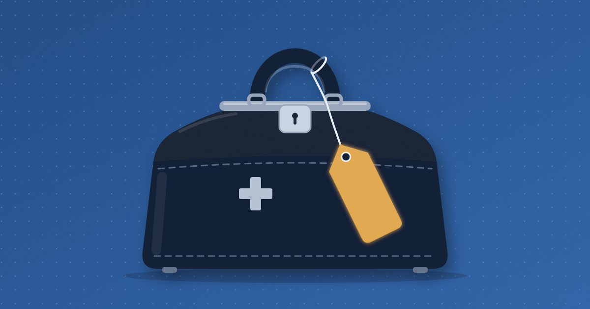 A closed doctor's bag, its clasp locked, with a blank amber price tag hanging from its handle.