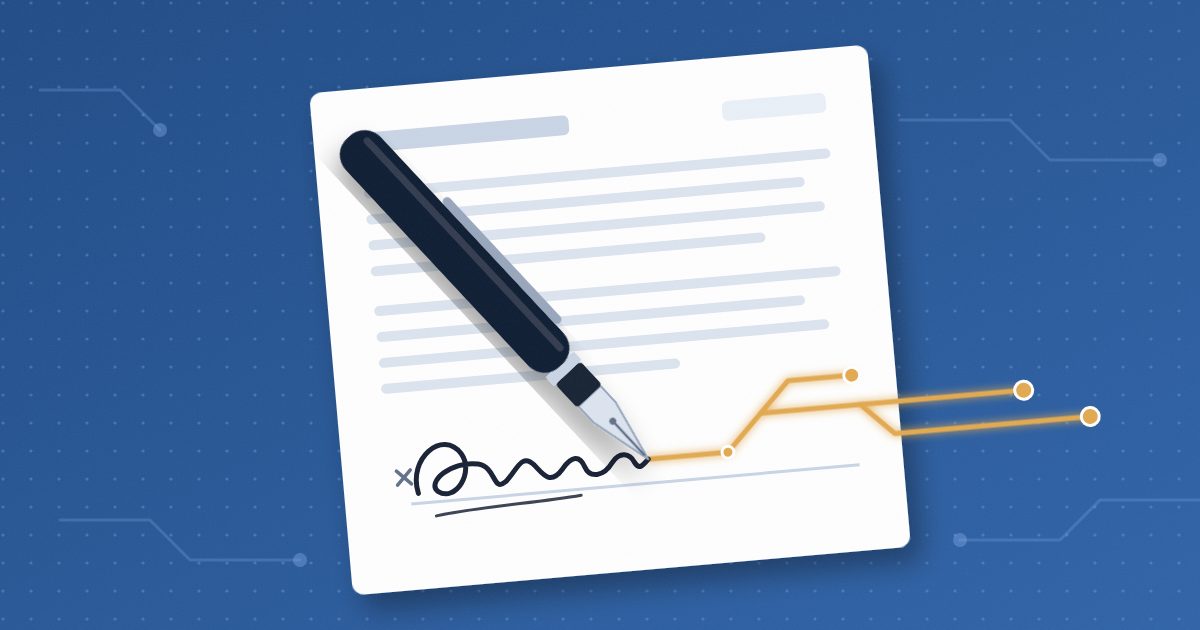 A fountain pen signs a form, and the signature turns into a glowing circuit that runs off the page.