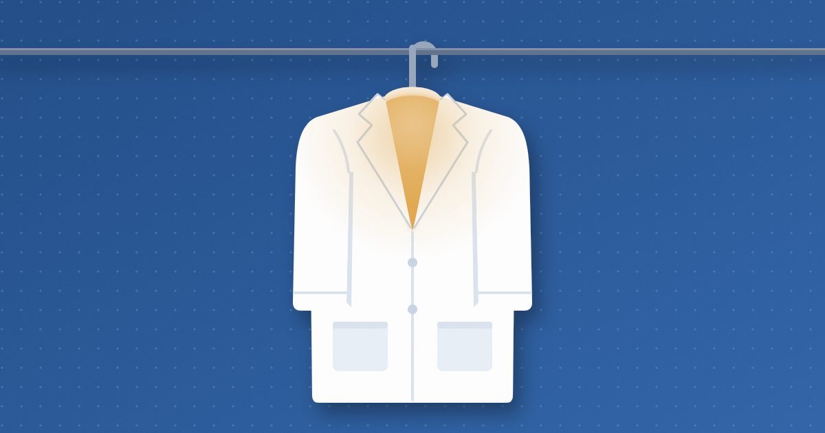 An empty white coat hangs on a hanger from a rod, with a soft amber glow coming from inside its collar and open front.