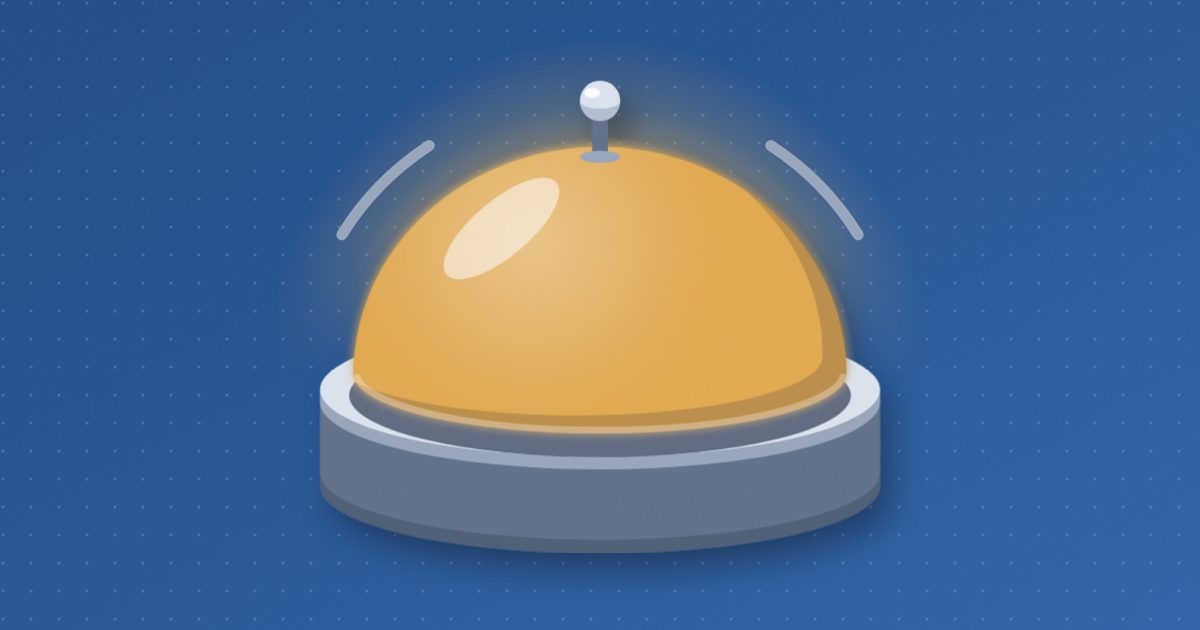 A reception-desk service bell with a glowing amber dome sits on a steel base, with short motion arcs showing it has just been rung.