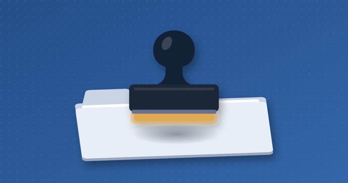 A rubber stamp with a glowing amber face hovers just above a closed office folder, its shadow marking where it will land.
