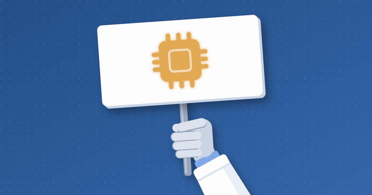 A hand in a white coat sleeve holds up a blank picket sign bearing a single glowing amber microchip icon.