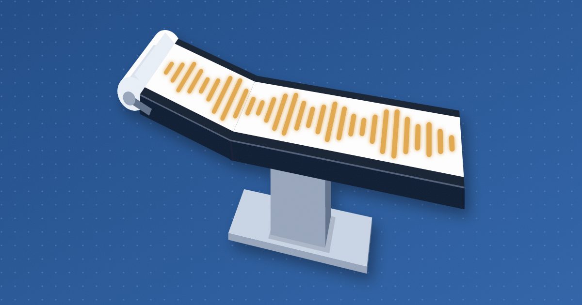 An exam table's paper roll unrolls along the padded table toward the viewer, with an amber sound waveform printed down the paper.