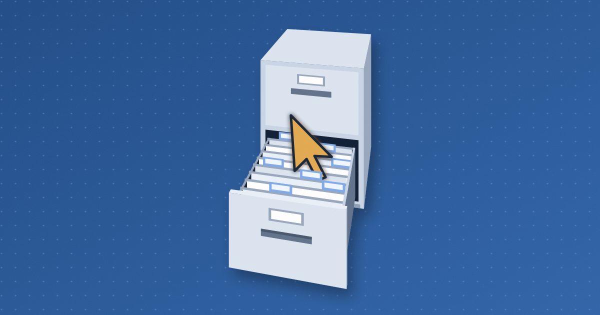 A filing cabinet with its lower drawer pulled open, full of hanging folders, and an amber mouse pointer standing among the folders.