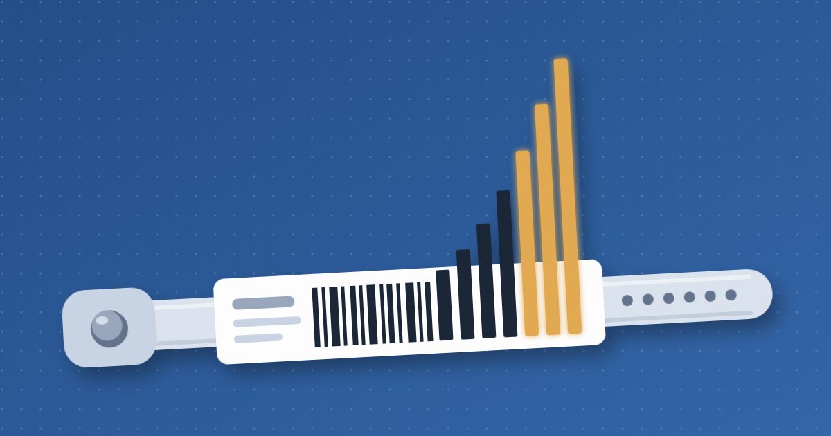 A hospital patient wristband whose barcode bars rise into a bar chart, the tallest bars at the end glowing amber.
