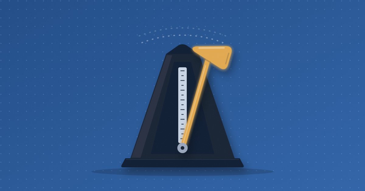 A metronome whose pendulum arm is an amber reflex hammer, swinging against a blue background.
